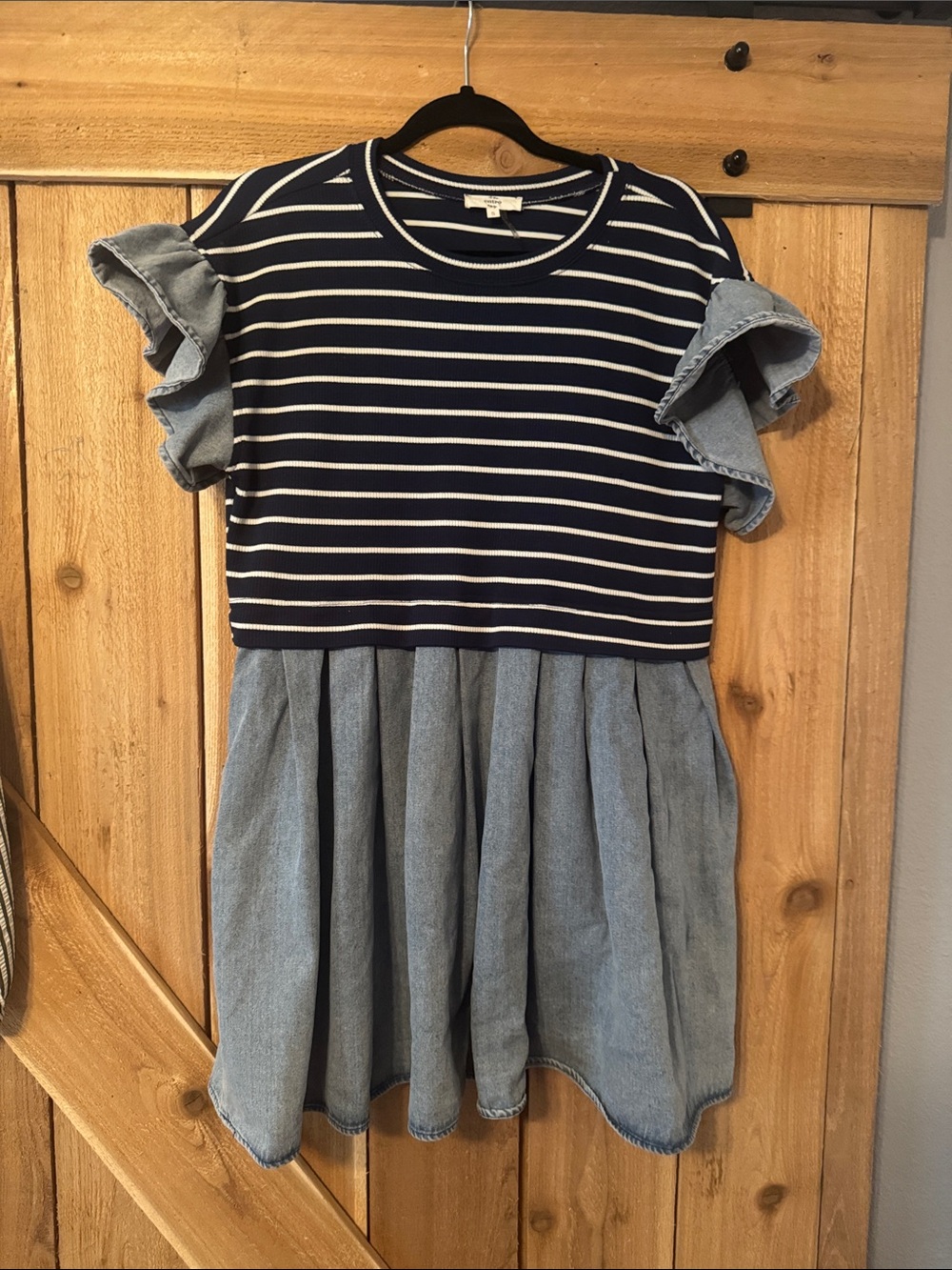 entro Navy and White Striped with Light Chambray Skirt Dress
